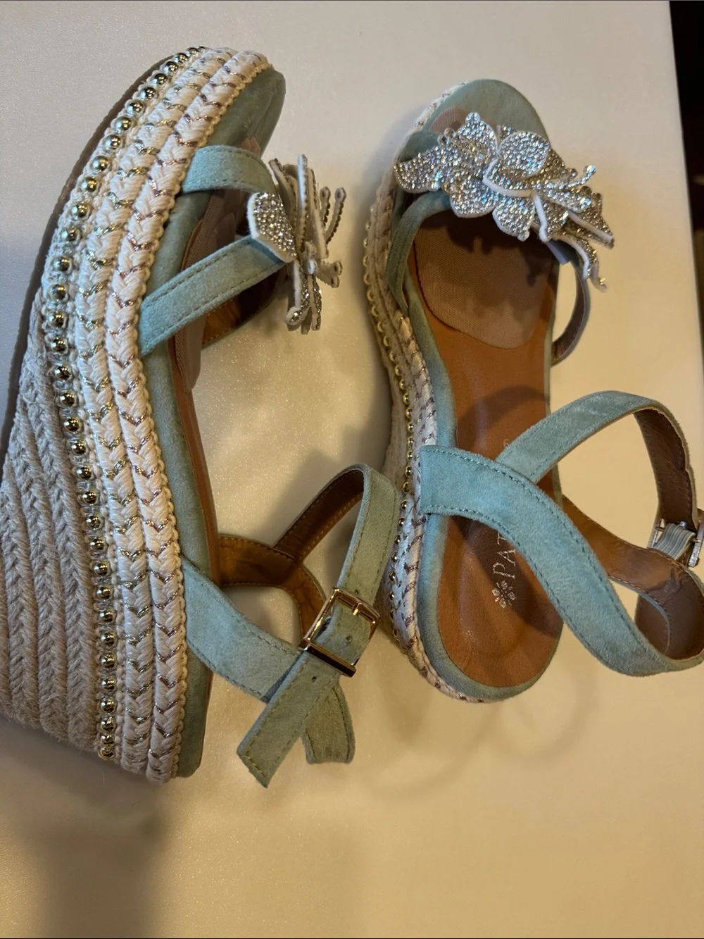 Embellished Mint Green Wedge Sandals - Women 8.5/ EU 39